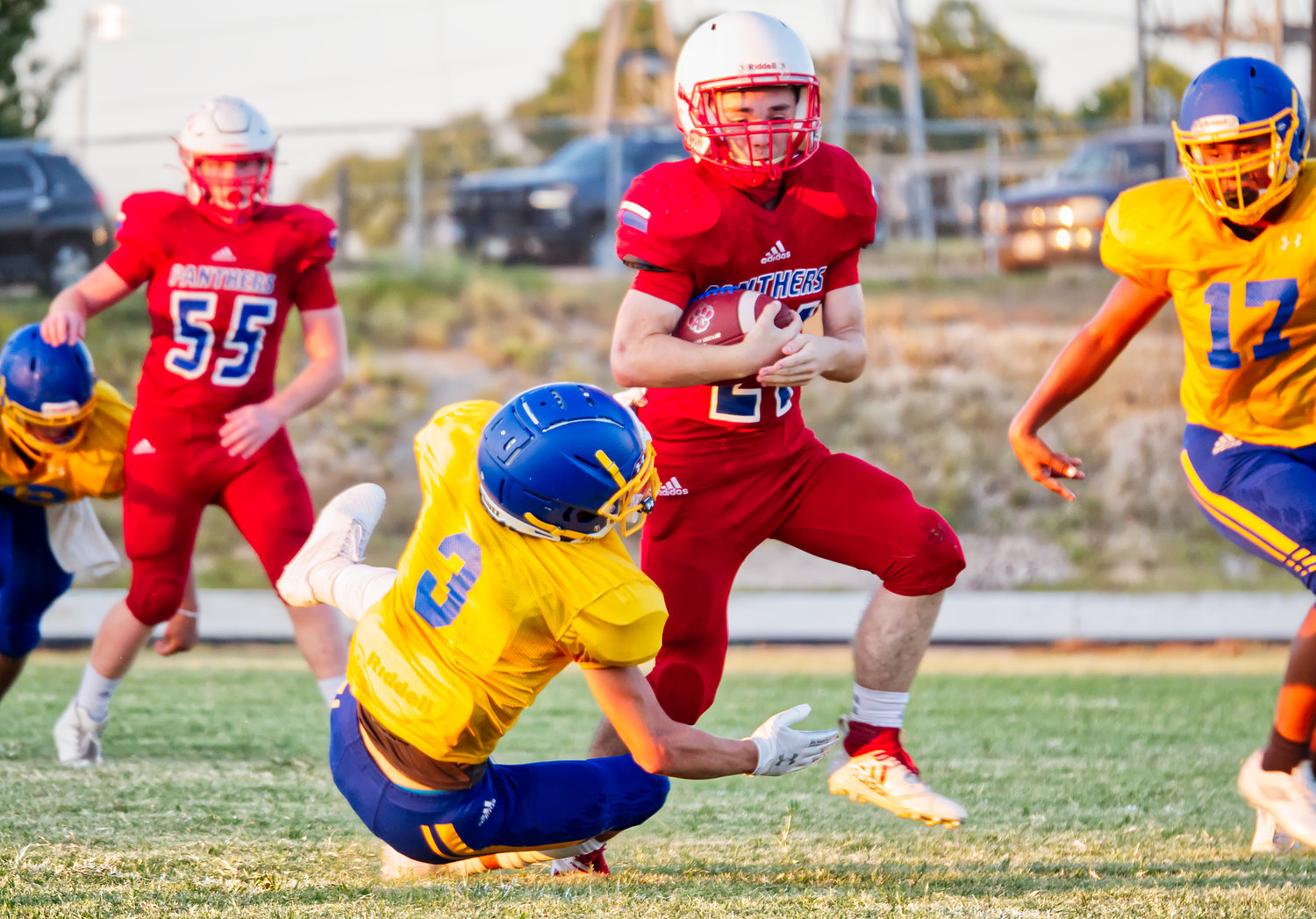 Alba-Golden battled with Carlisle last Thursday in the high school football season’s only scrimmage. The Panthers will open the season Friday night at Prairiland. (Monitor photo by Sam Major)